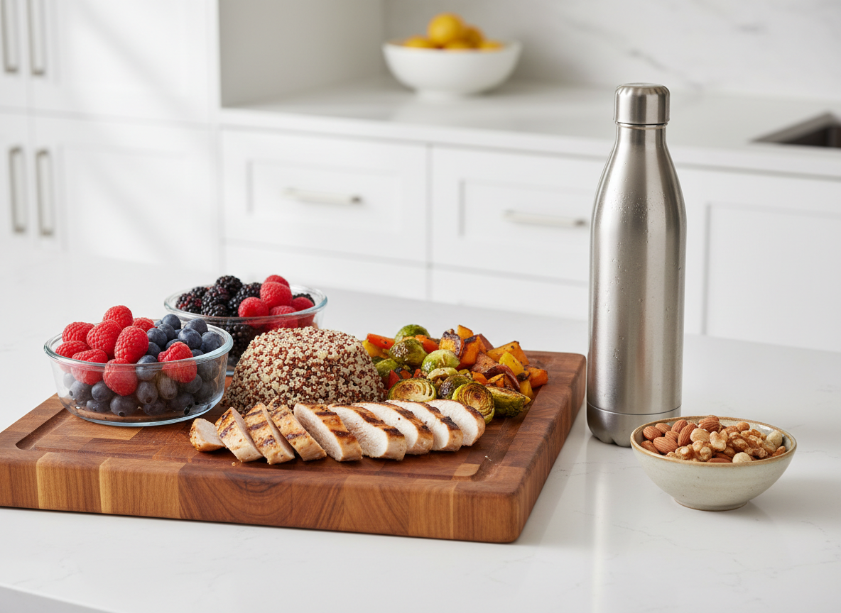 A modern kitchen countertop with a wooden cutting board displaying a colorful, balanced meal prep: grilled chicken slices, quinoa, roasted vegetables, and neatly portioned fresh berries in clear glass containers. Nearby rests a stainless-steel water bottle with condensation droplets and a small bowl of mixed nuts. The background includes soft-focus white cabinetry and a bowl of lemons. Natural daylight from an unseen window on the left creates a bright, fresh atmosphere with soft shadows. Shot from a slightly elevated angle with sharp focus on the food textures, the photographic style is clean, vibrant, and professional, conveying practical nutrition guidance for a healthy lifestyle.