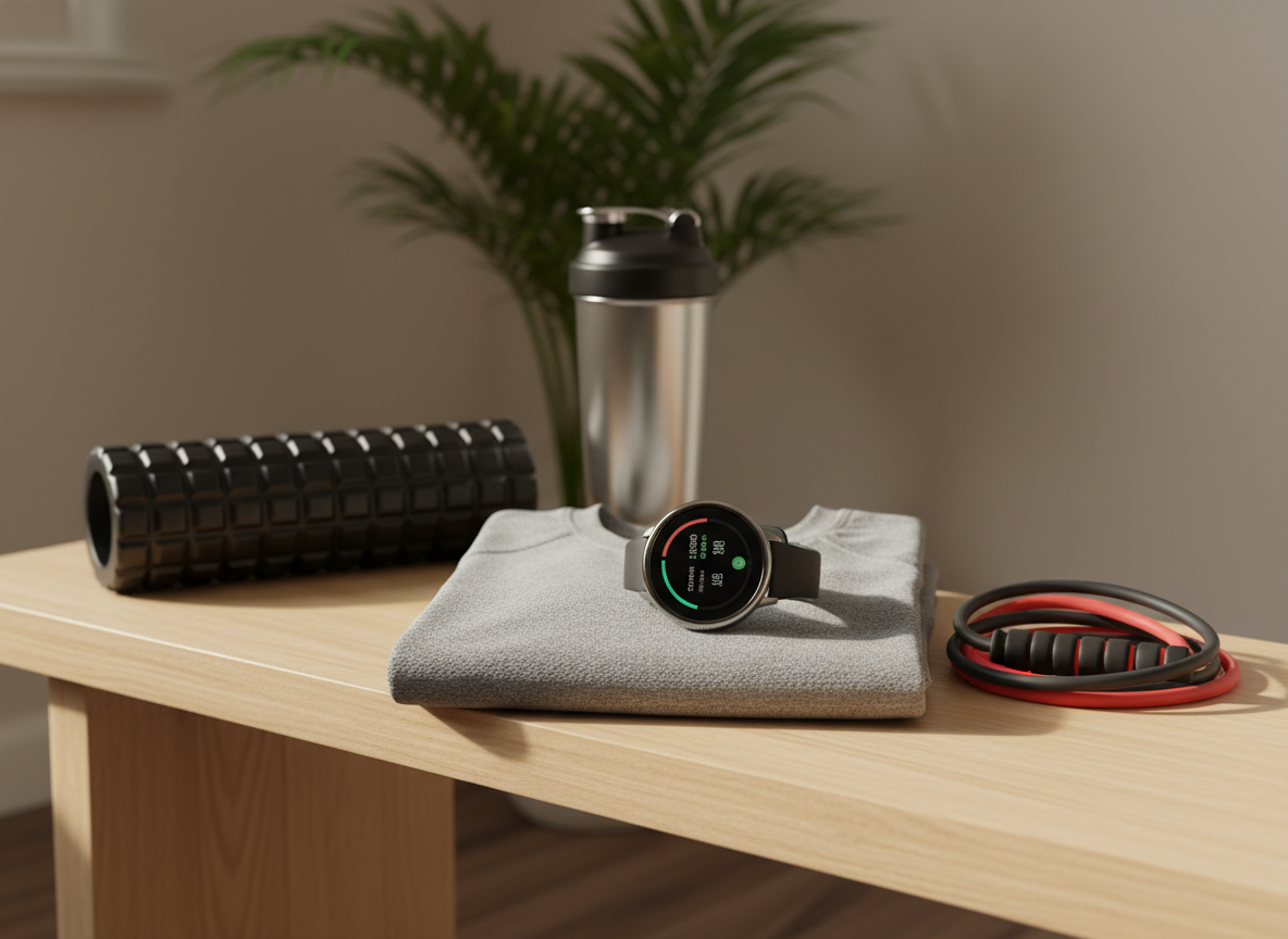 A sleek, matte-black smartwatch resting on a folded, moisture-wicking heather-gray training shirt atop a bench in a minimalist home gym corner. Around it are a foam roller, a pair of resistance bands, and a stainless-steel shaker bottle, all carefully spaced. A neutral-toned wall and a potted plant in the background create a calm, uncluttered environment. Soft, diffused afternoon light enters from the right, highlighting the watch face and subtle fabric textures while casting gentle, elongated shadows. Captured with a shallow depth of field and rule-of-thirds composition, the photographic realism aesthetic feels organized, goal-oriented, and ideal for illustrating progress tracking and structured fitness coaching.
